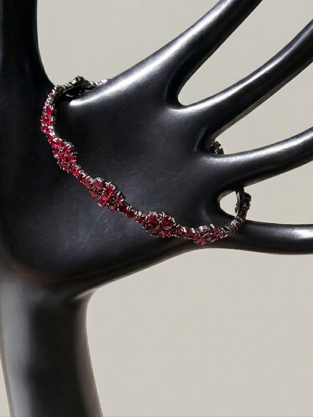 Victorian Style Red Rhinestone Gunmetal Bypass Cuff Bracelet